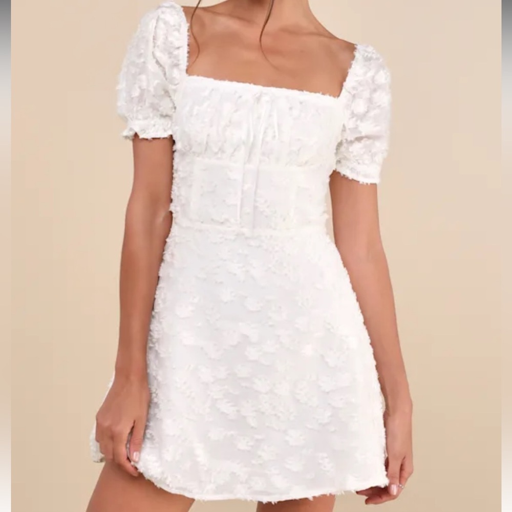 Lulus Confidently Delightful White Textured Floral Jacquard Mini Dress Medium